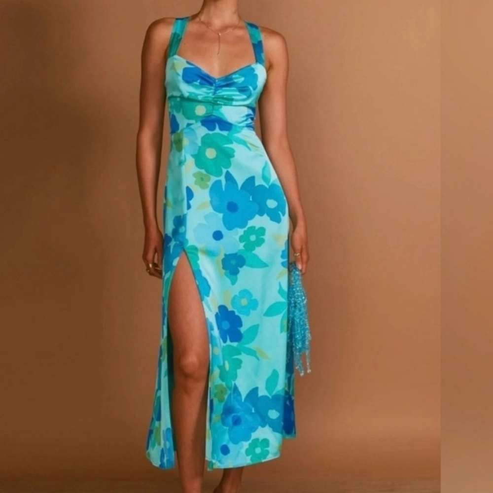 NWT ShowMeYourMuMu Mina Midi Slip Split Dress Picadilly Blue Luxe Satin Sz S - Picture 2 of 16